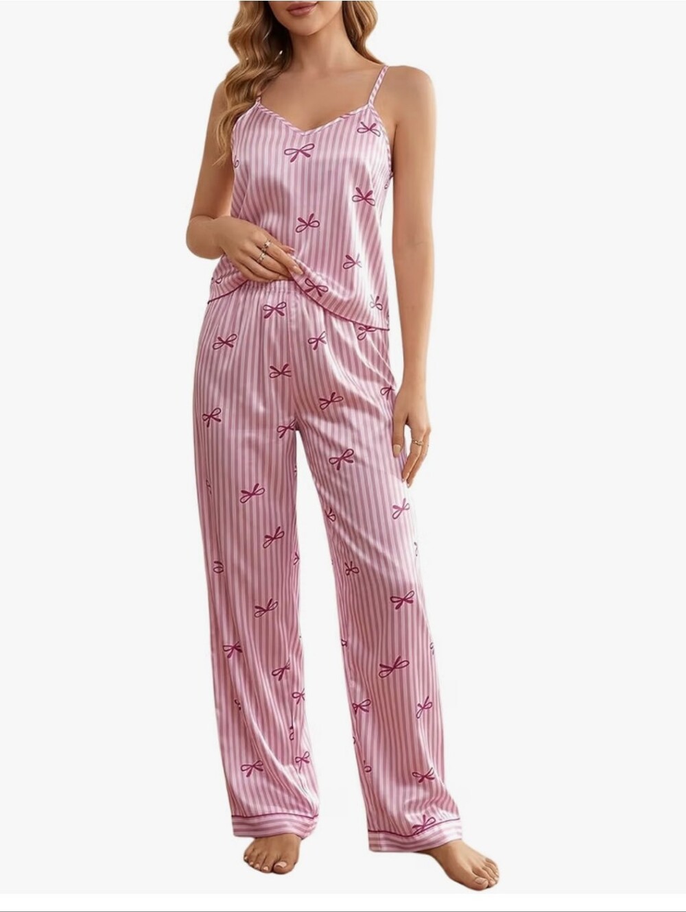 Women’s Satin Pink Striped Cami & Pant Pajama Set